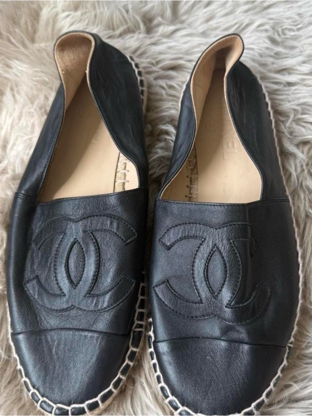 Authentic Chanel Black Leather Espadrille Flats